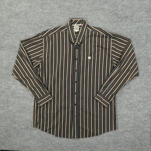 Cinch Shirt Mens Large Brown Blue Striped Western Button Front Cotton Casual - Picture 1 of 8